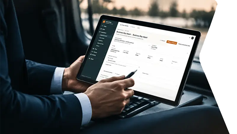 Passenger in a vehicle reviewing an eAuto Fleet trip record on a tablet