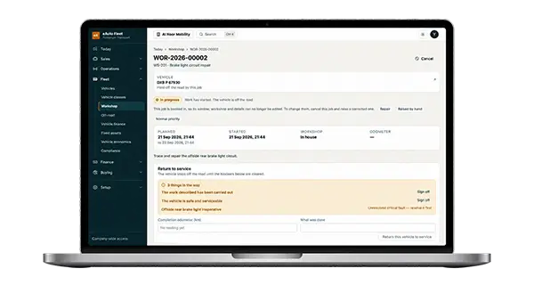 eAuto Fleet work order with return-to-service checklist