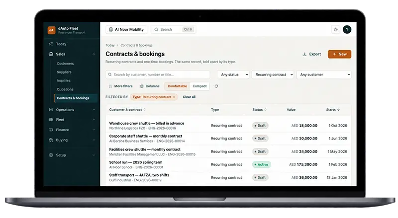 eAuto Fleet contracts and bookings list filtered to recurring contracts, showing type, status, value and start date