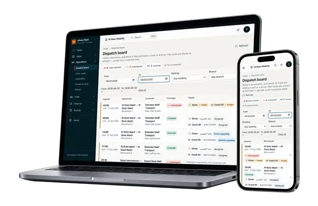 eAuto Fleet dispatch board on laptop and mobile