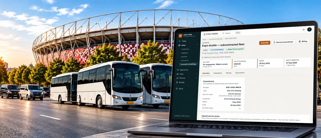 Event shuttle buses outside a stadium with eAuto Fleet planning screens