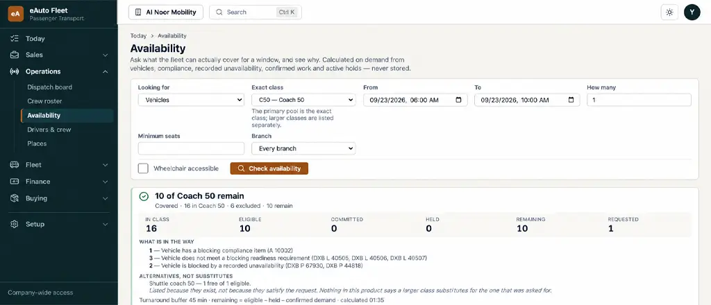 eAuto Fleet availability check for vehicles and drivers by class